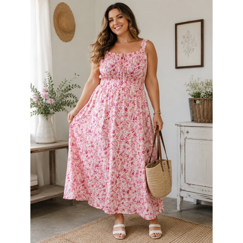 Scarlet Darkness Pink Floral Maxi Dress Smocked Back Cottagecore NWT Size L